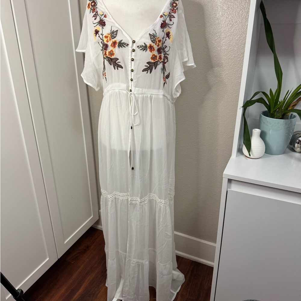 Xhilaration White Sheer Maxi Dress with Floral Embroidery festival